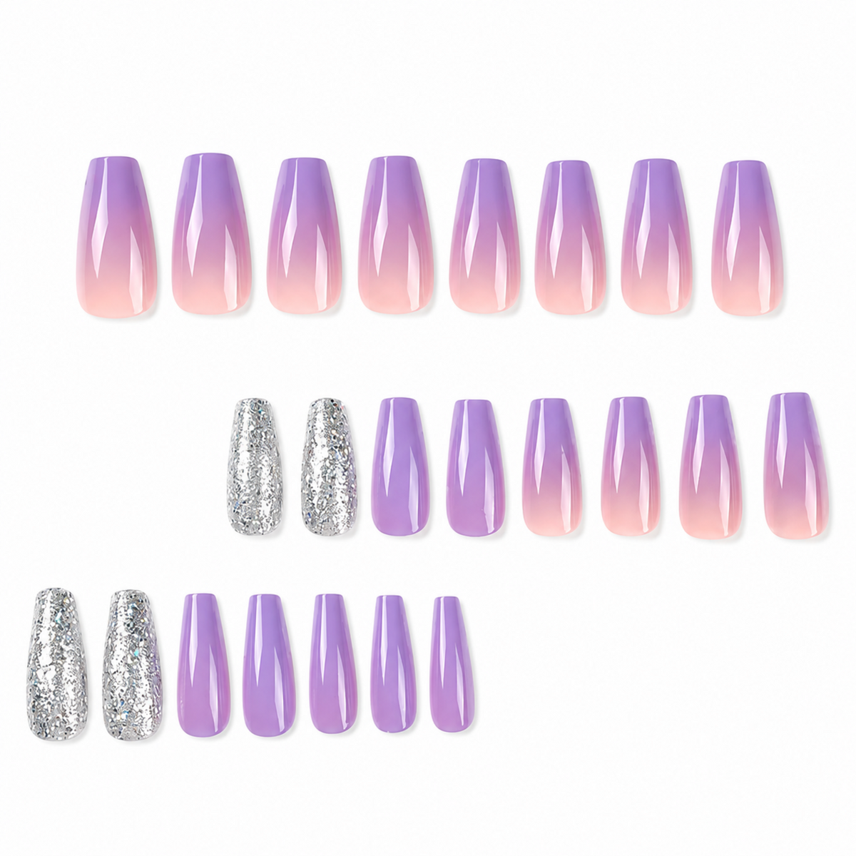 Snazzi Pink Shop long coffin press-on nails in lavender and blush pink ombre with silver glitter accent nails.