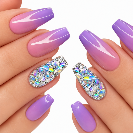 Snazzi Pink Shop Lavender Ice long coffin press-on nails with lavender and blush pink ombre and silver glitter accents
