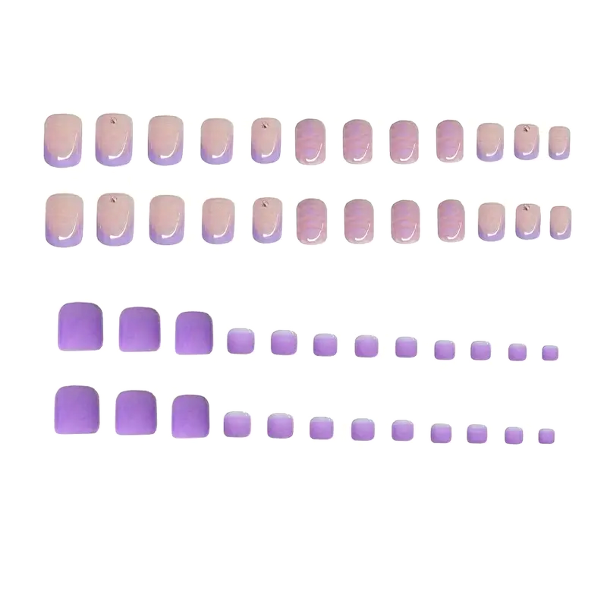 Snazzi Pink Shop Lavender Bubble matching manicure and pedicure set with lavender ombré French tips and crystals.