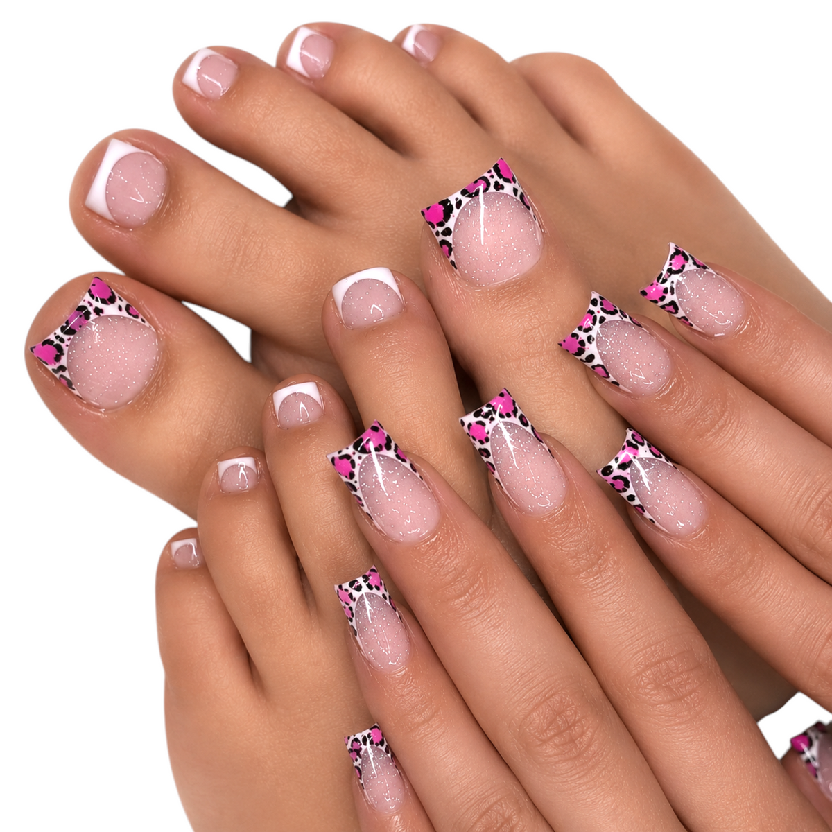 Snazzi Pink Shop Wild Orchid matching manicure and pedicure set with long square nails featuring pink leopard tips.
