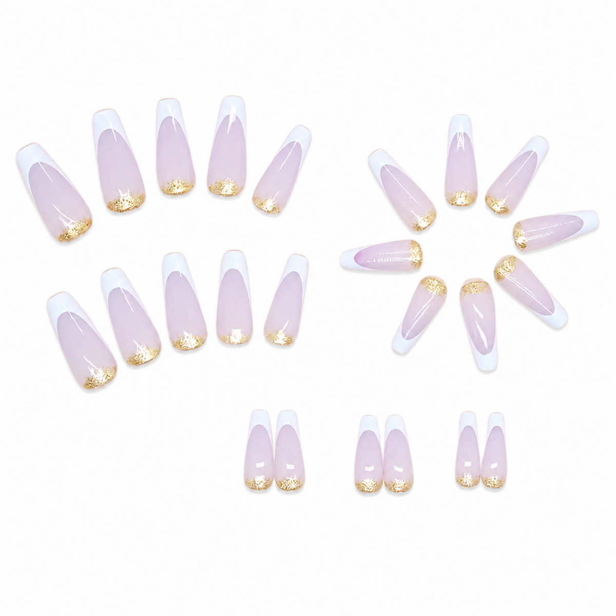 Snazzi Pink Shop Lilac Crown long coffin press-on nails with white French tips and metallic gold cuticle accents
