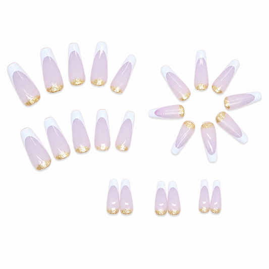 Snazzi Pink Shop Lilac Crown long coffin press-on nails with white French tips and metallic gold cuticle accents