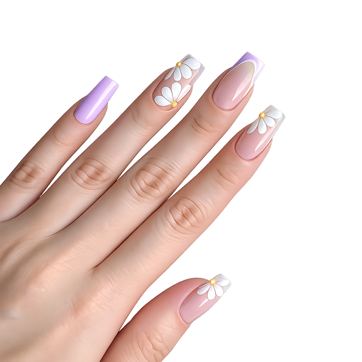 Snazzi Pink Shop long coffin press-on nails with nude-pink base, lilac French tips, and white daisy floral accents.