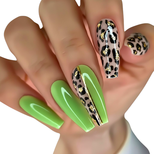 Snazzi Pink Shop extra long coffin press-on nails in lime green with leopard print, gold glitter, and metallic stripes.