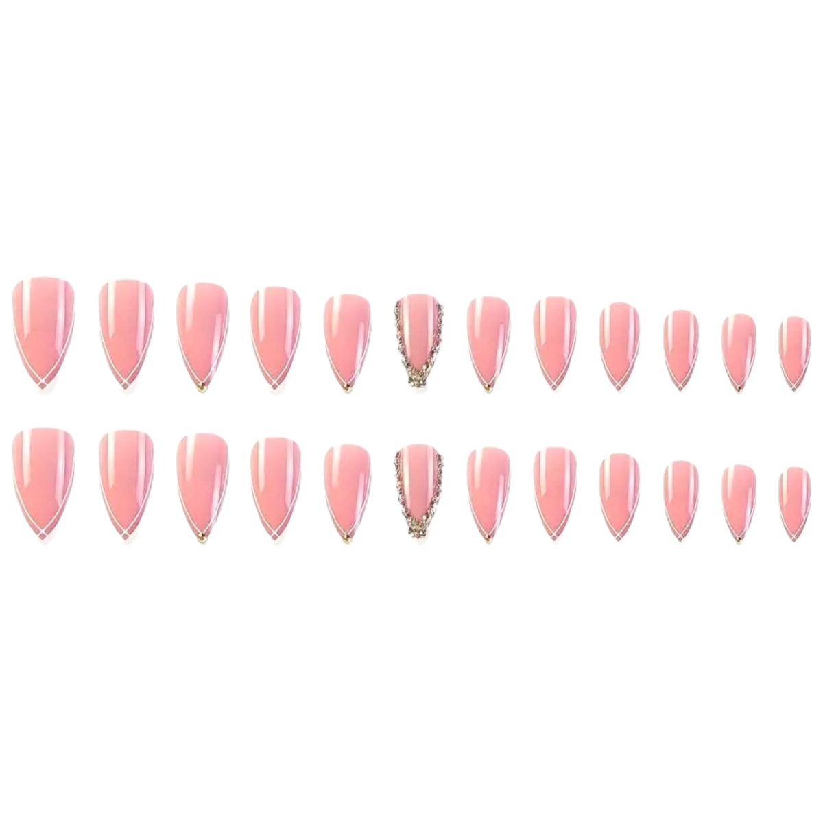 Snazzi Pink Shop long almond press-on nails with glossy pink base, white V-French tips, and rhinestone accents.