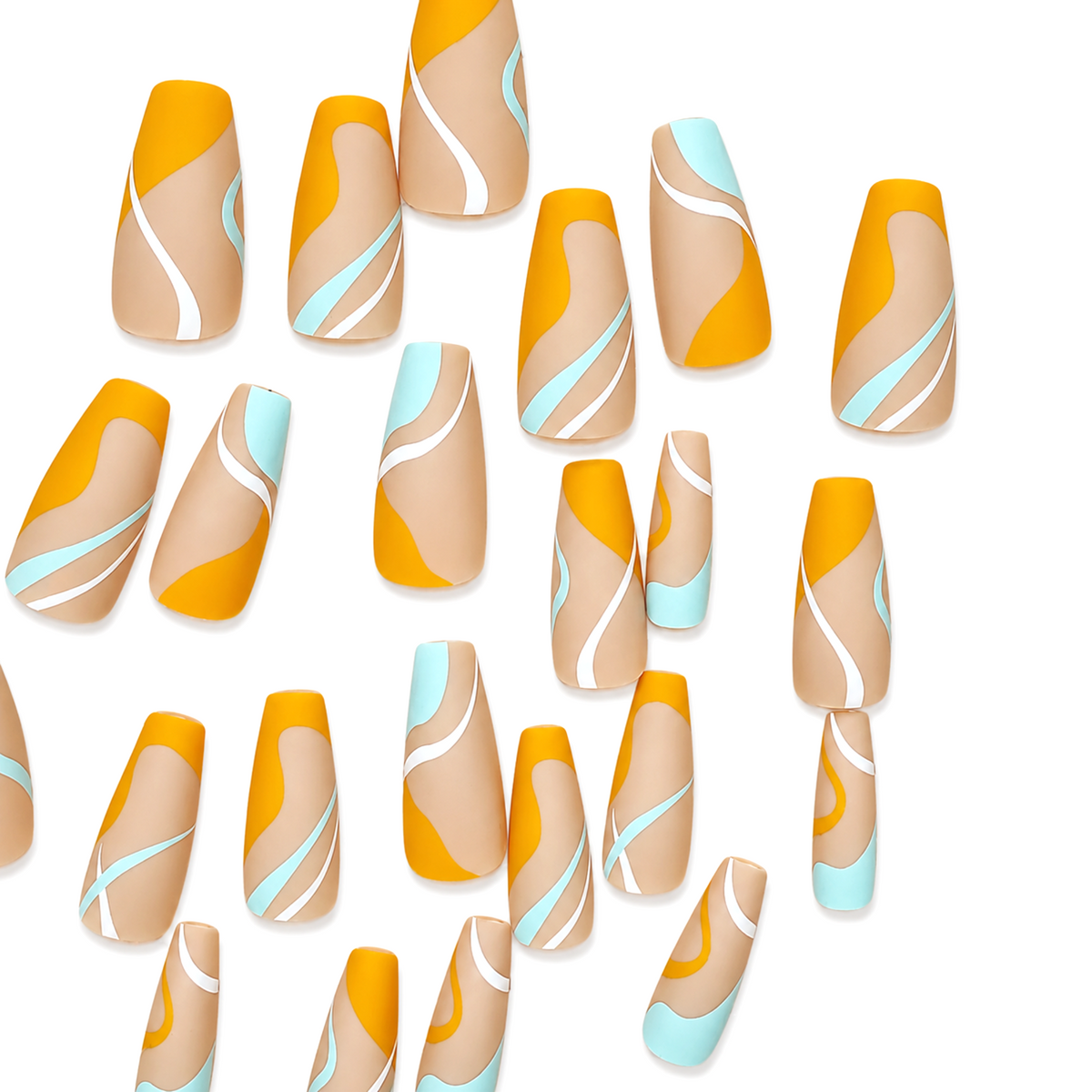 Snazzi Pink Shop long coffin press-on nails with matte abstract swirls in golden yellow, aqua blue, and creamy nude.