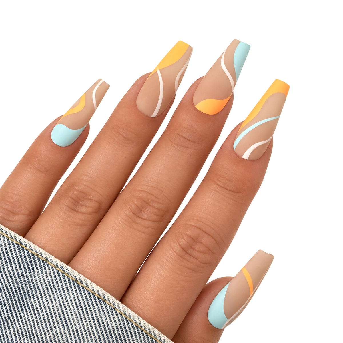 Snazzi Pink Shop long coffin press-on nails with matte abstract swirls in aqua blue, golden yellow, and nude.