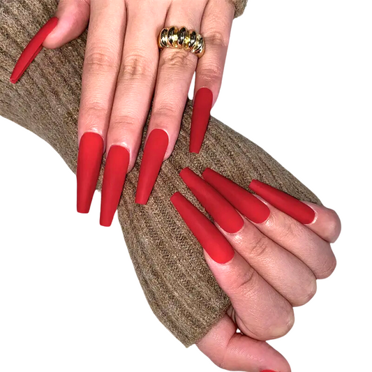 Snazzi Pink Shop Velvet Vibes extra long coffin press-on nails in a vibrant matte red finish on hands