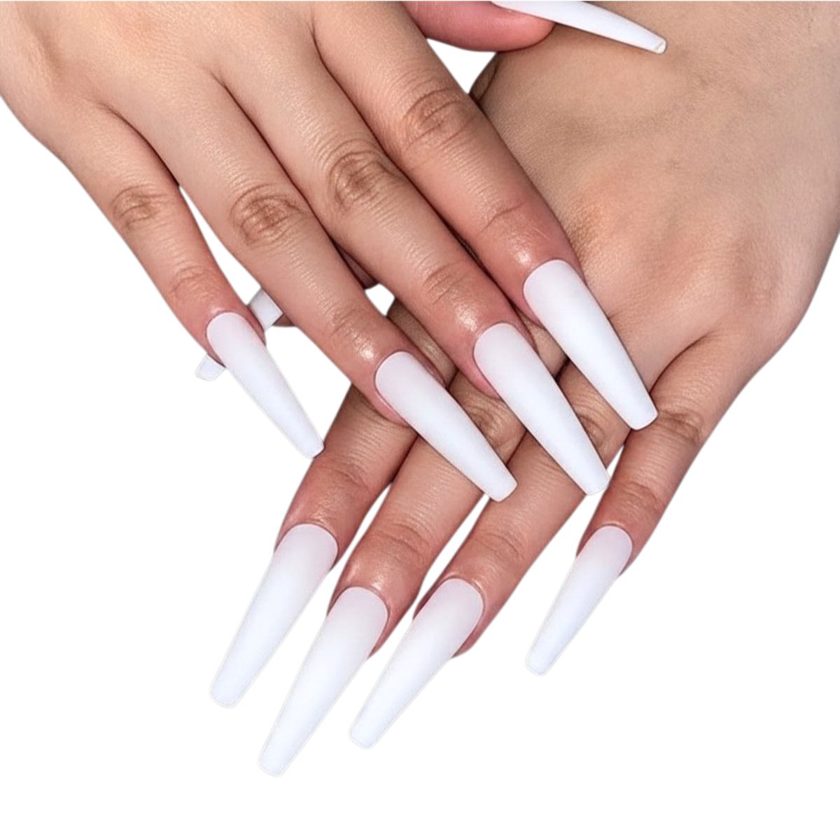 Snazzi Pink Shop Velvet Vibes extra long coffin press-on nails in a clean matte white finish on manicured hands