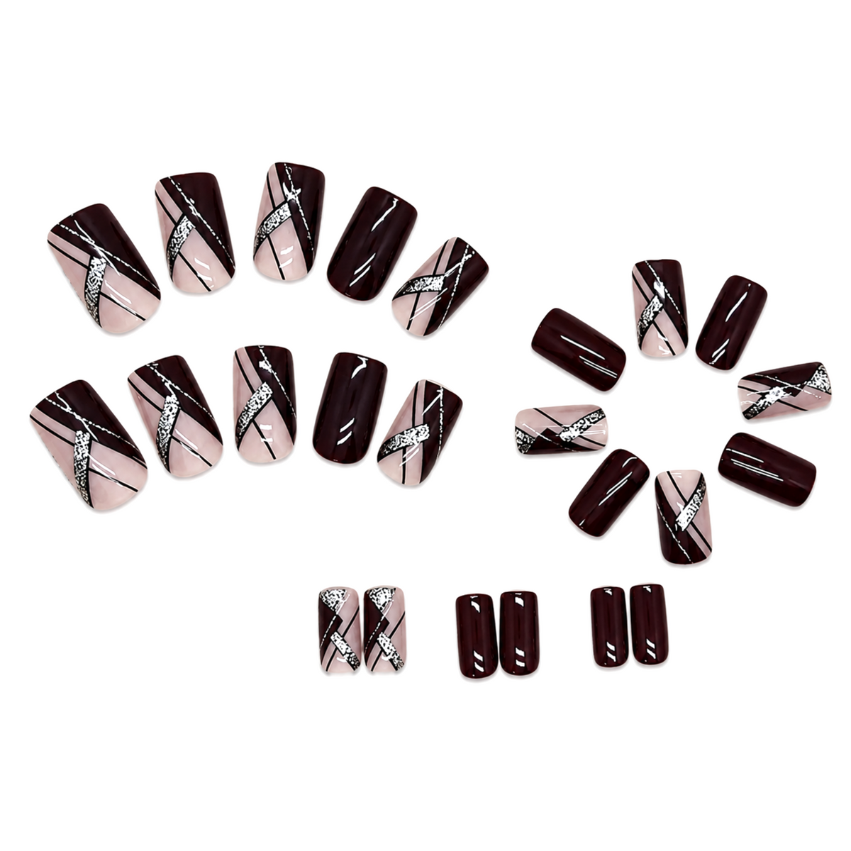 Snazzi Pink Shop After Hours medium square press-on nails with glossy dark burgundy, blush, and metallic silver lines.