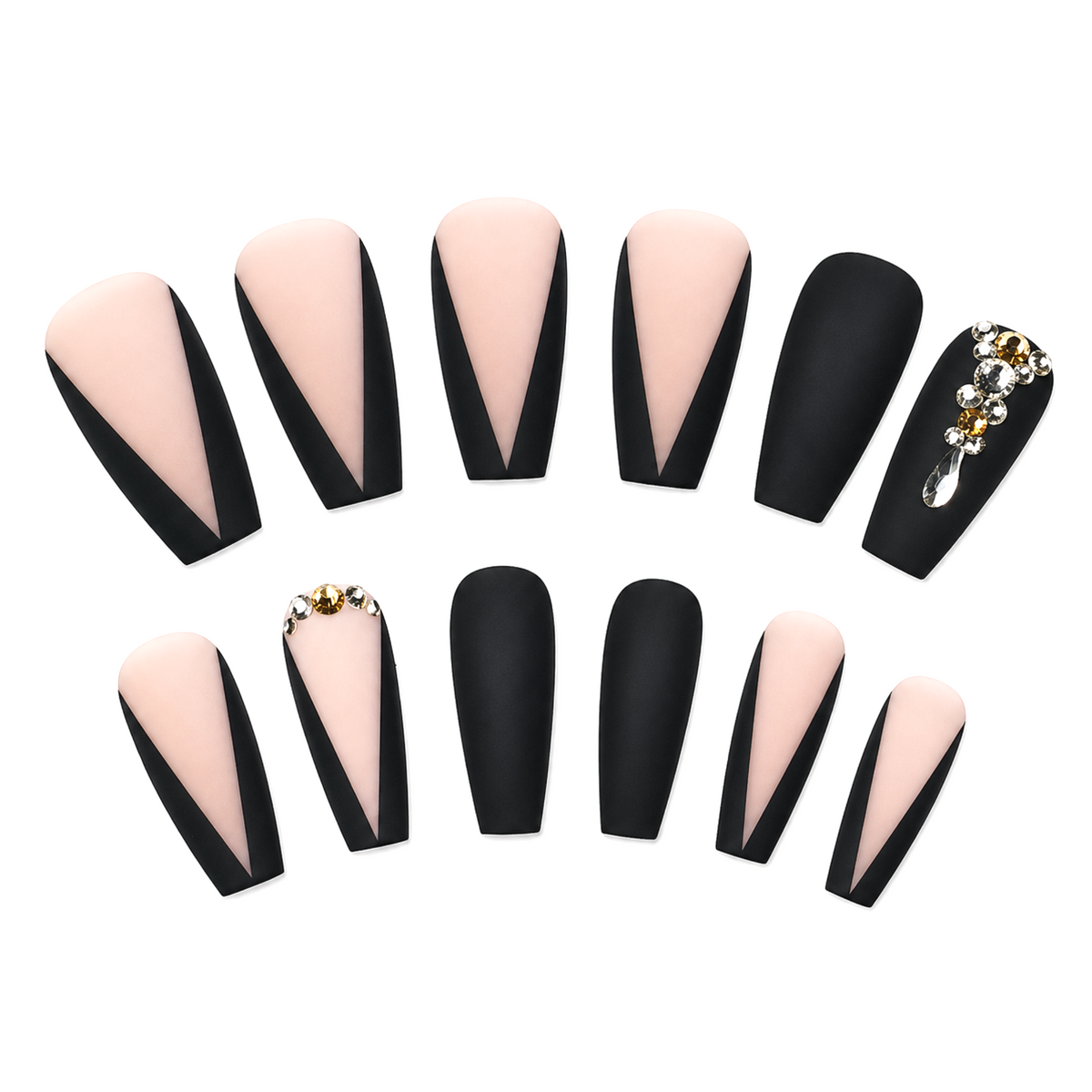 Snazzi Pink Shop Midnight Heiress long coffin press-on nails with black V-French tips, matte finish, and crystal gems.