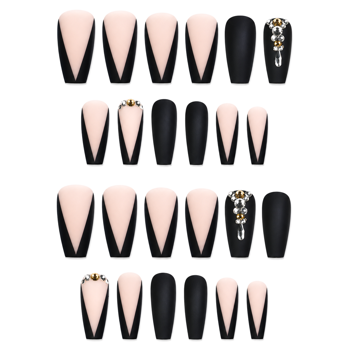 Snazzi Pink Shop Midnight Heiress long coffin press-on nails with black V-French tips, matte finish, and crystals.