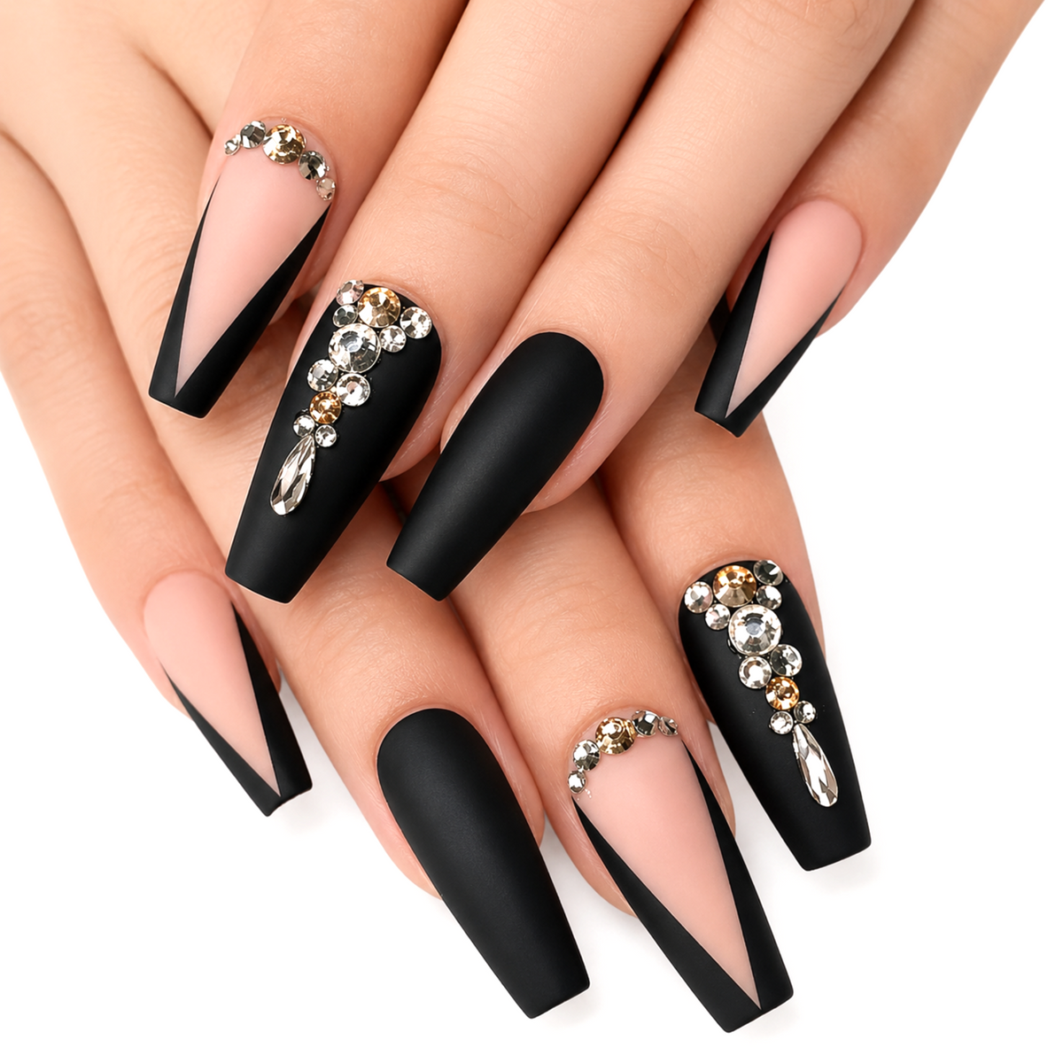 Snazzi Pink Shop long coffin press-on nails with black V-French tips, matte black finish, and crystal embellishments.