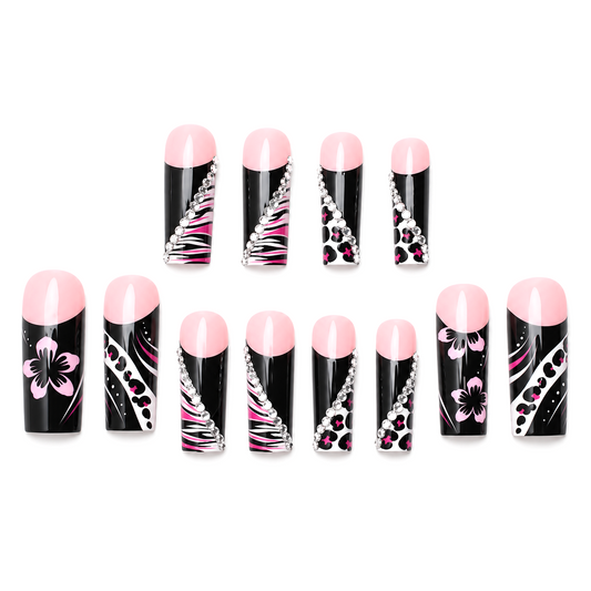 Snazzi Pink Shop Midnight Hibiscus extra long square press-on nails with black, pink, floral, and crystal accents.