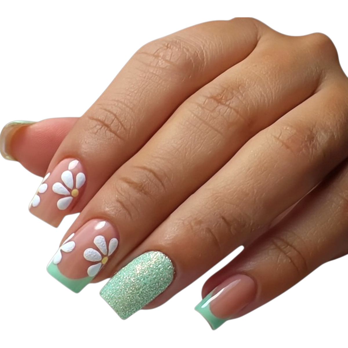 Snazzi Pink Shop Mint Daisy medium square press-on nails with white floral art, mint French tips, and glitter accent.