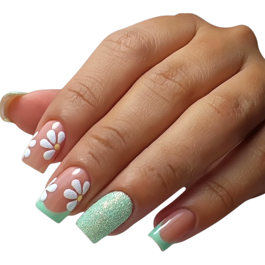 Snazzi Pink Shop Mint Daisy medium square press-on nails with white floral art, mint French tips, and glitter accent.