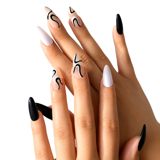 Snazzi Pink Shop Modern Muse long almond press-on nails with nude base, black abstract swirls, and solid black tips.