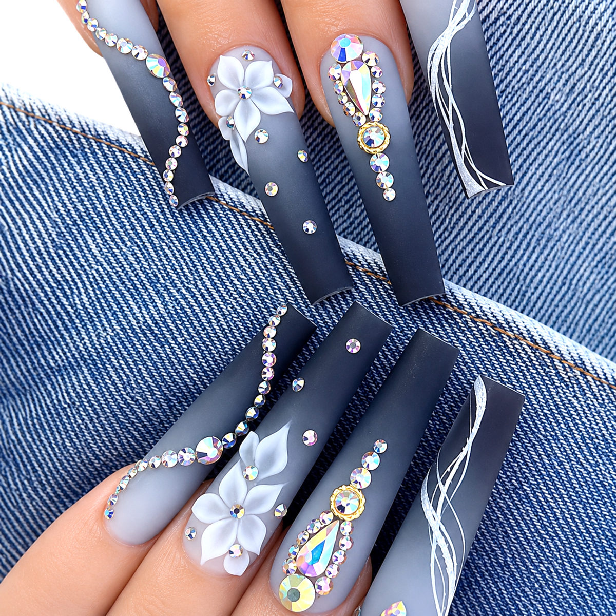 Snazzi Pink Shop extra long coffin press-on nails in navy blue ombré with rhinestones and 3D floral accents