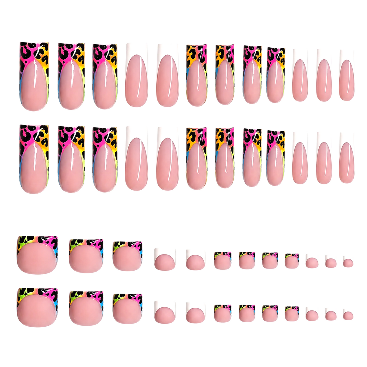 Snazzi Pink Shop Electric Safari matching neon leopard print and white French tip manicure and pedicure nail set.