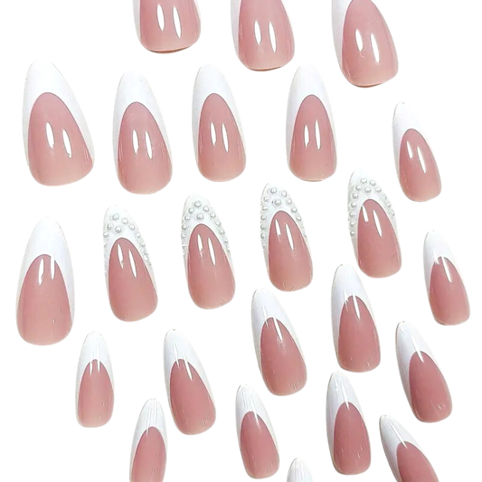 Snazzi Pink Shop Pearl Crown long almond press-on nails with white French tips and delicate pearl accents.