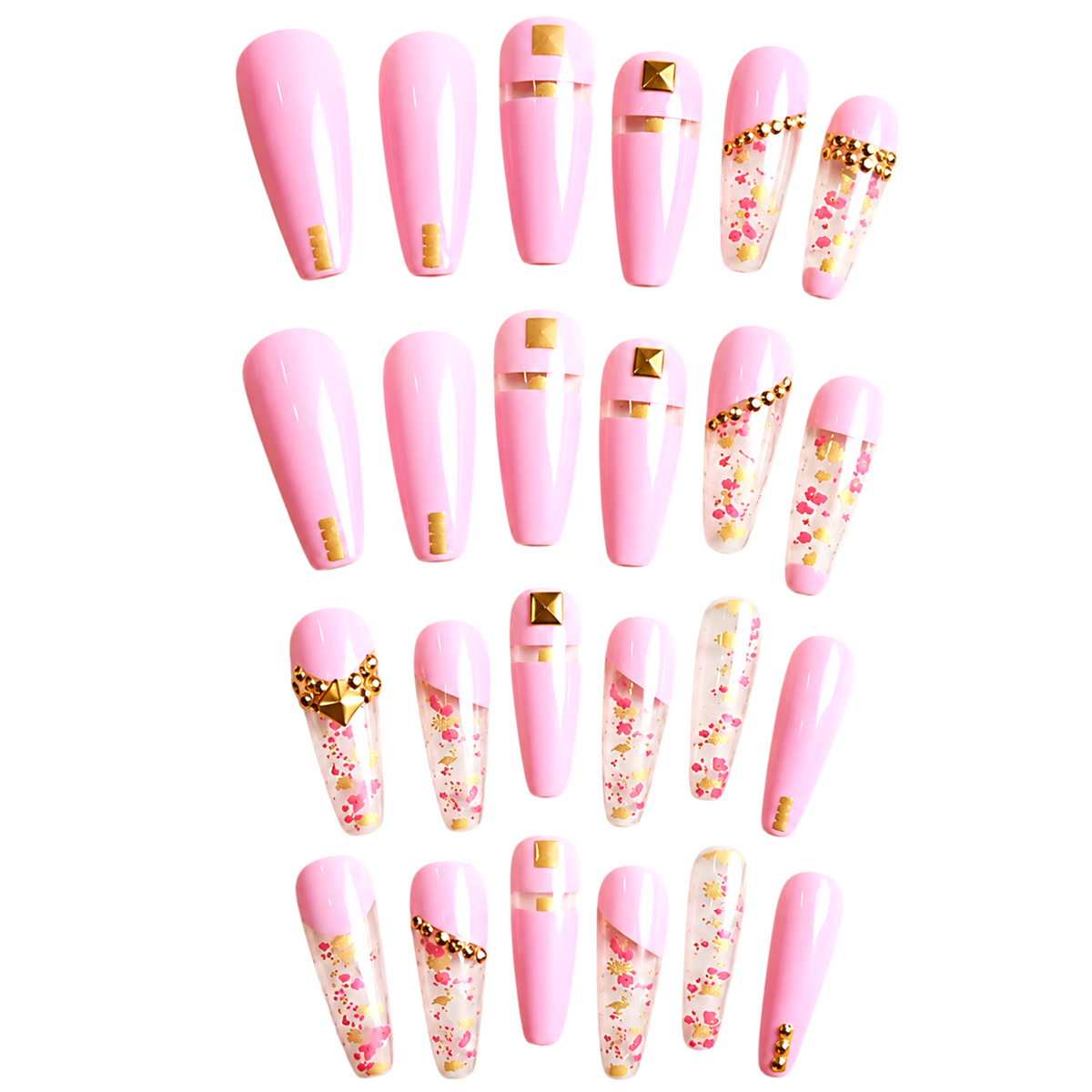 Snazzi Pink Shop extra long coffin press-on nails in baby pink with clear confetti glitter and gold embellishments.