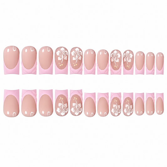 Snazzi Pink Shop long square press-on nails with nude-pink base, soft-pink French tips, white hibiscus, and gold dots.