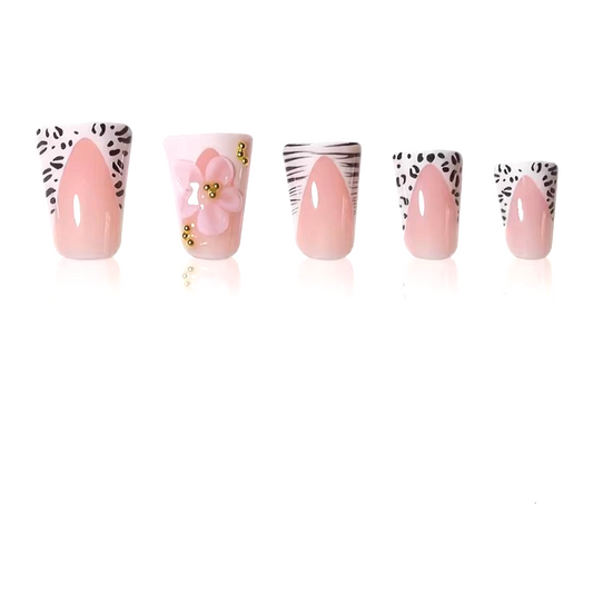 Snazzi Pink Shop Pink Safari Bloom medium duckbill press-on nails with animal print French tips and floral accents.