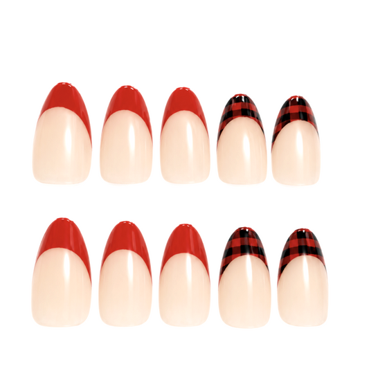 Snazzi Pink Shop Plaid About You medium oval press-on nails with red French tips and black buffalo plaid accents.