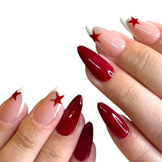 Snazzi Pink Shop Red Starlet long almond press-on nails with glossy crimson, white French tips, and red star accents.