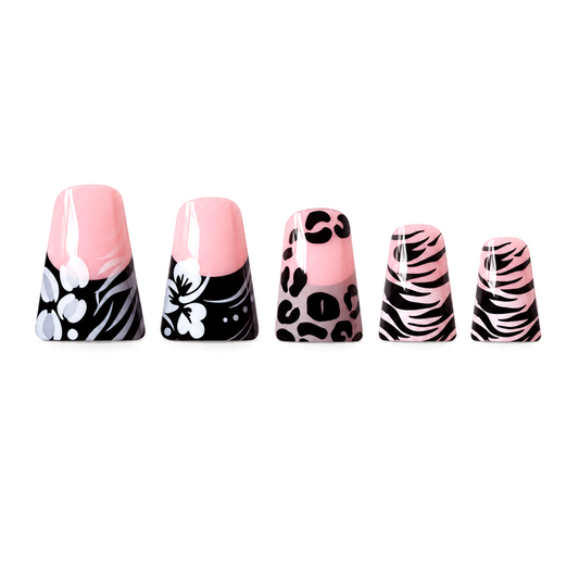 Snazzi Pink Shop Safari Noir medium duckbill press-on nails featuring pink and black zebra, leopard, and floral art.