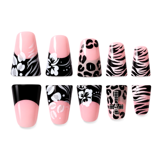 Snazzi Pink Shop Safari Noir medium duckbill press-on nails with pink, black, zebra, leopard, and floral nail art.