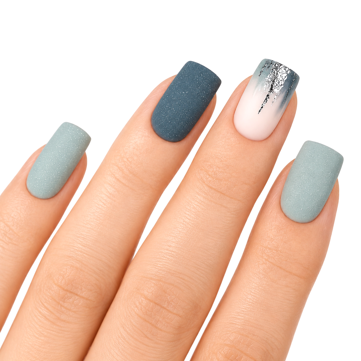 Snazzi Pink Shop medium square press-on nails in sage green and slate with silver foil accents and matte finish