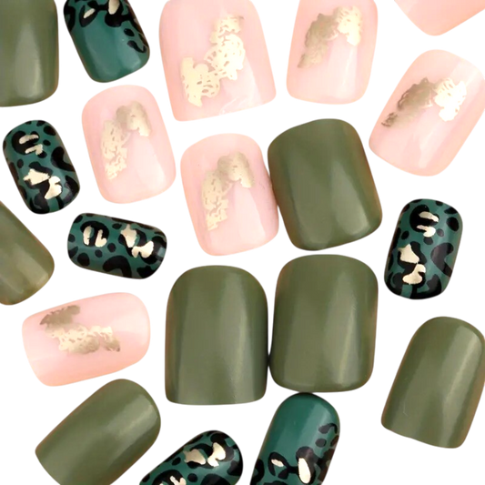 Snazzi Pink Shop Wild Sage short squoval press-on nails with glossy green, teal leopard print, and gold foil accents.