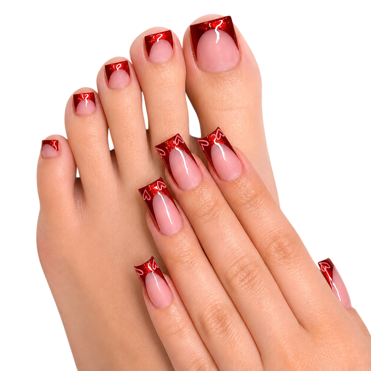 Snazzi Pink Shop Scarlet Heart matching nail and toe set with metallic cherry-red French tips and heart accents.