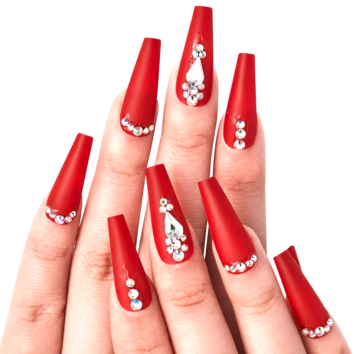 Snazzi Pink Shop extra long coffin press-on nails in matte scarlet red with iridescent rhinestones and teardrop crystals
