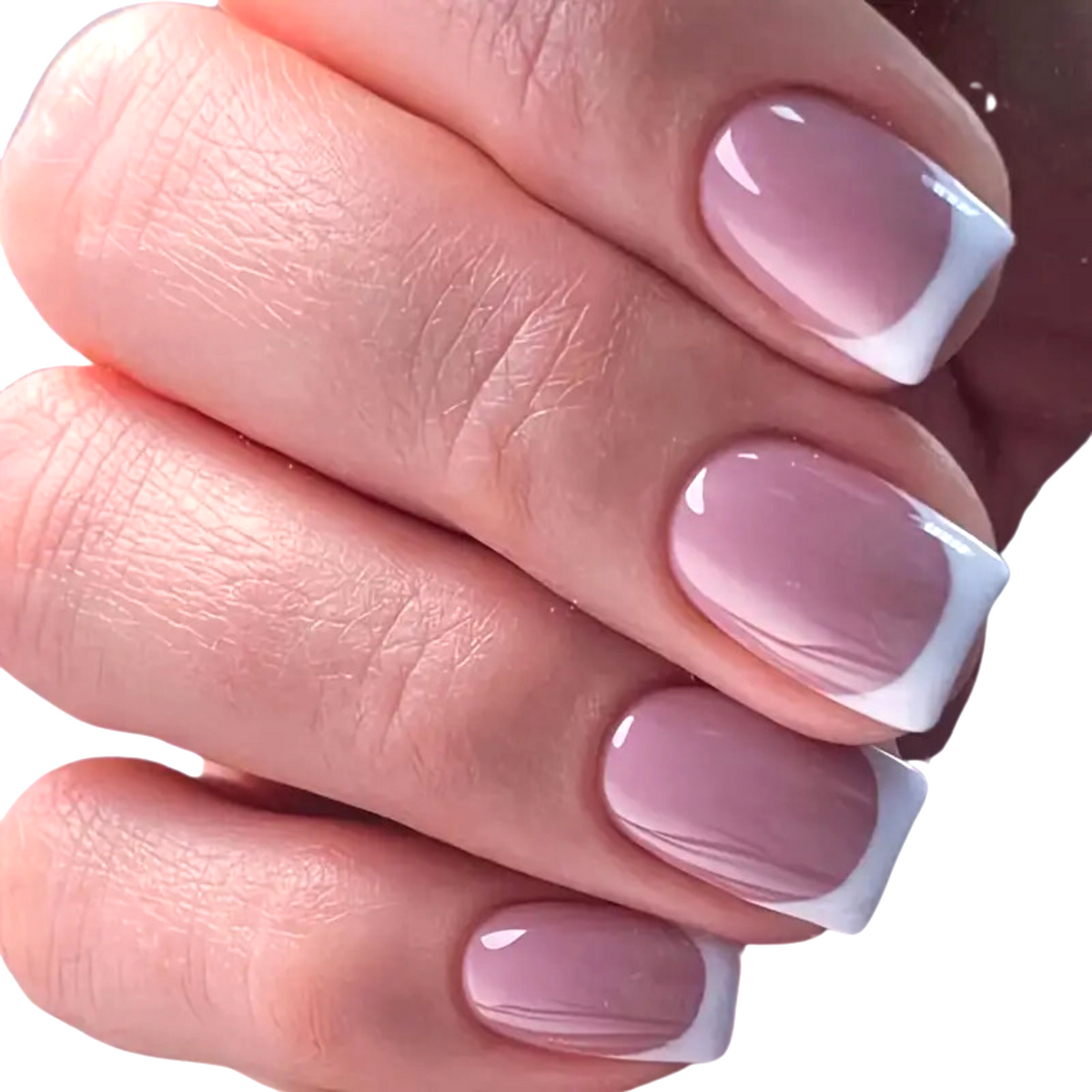 Snazzi Pink Shop short square press-on nails with a classic French manicure design and glossy blush nude base.