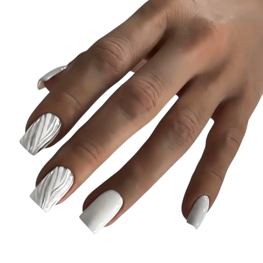 Snazzi Pink Shop Silver Flame medium square press-on nails with white glossy finish and sculpted silver chrome swirls.