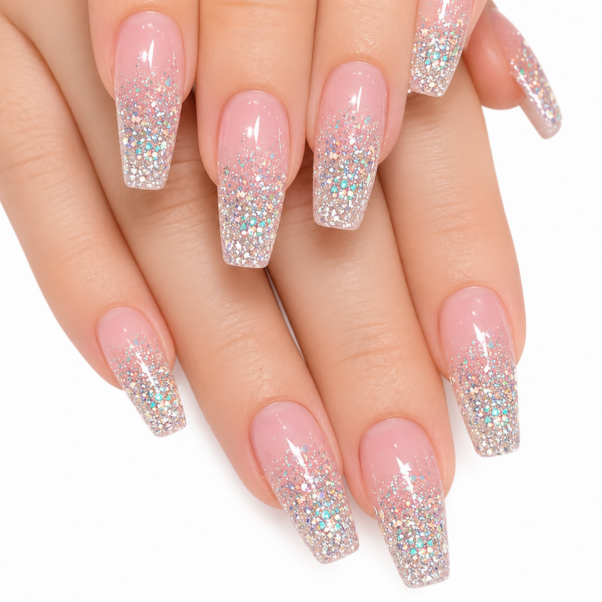 Snazzi Pink Shop long coffin press-on nails with a soft pink base and holographic silver glitter fade effect