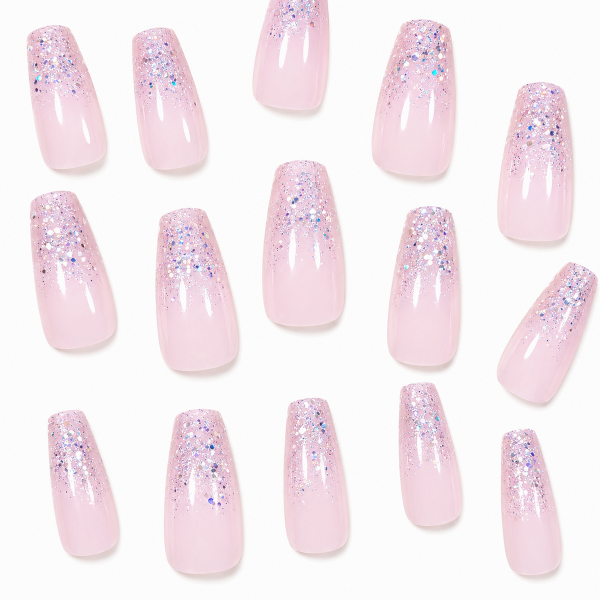 Snazzi Pink Shop long coffin press-on nails with a soft pink base and holographic silver glitter fade effect.