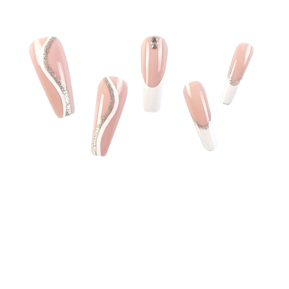 Snazzi Pink Shop extra long coffin press-on nails with nude base, white French tips, silver glitter, and crystals.