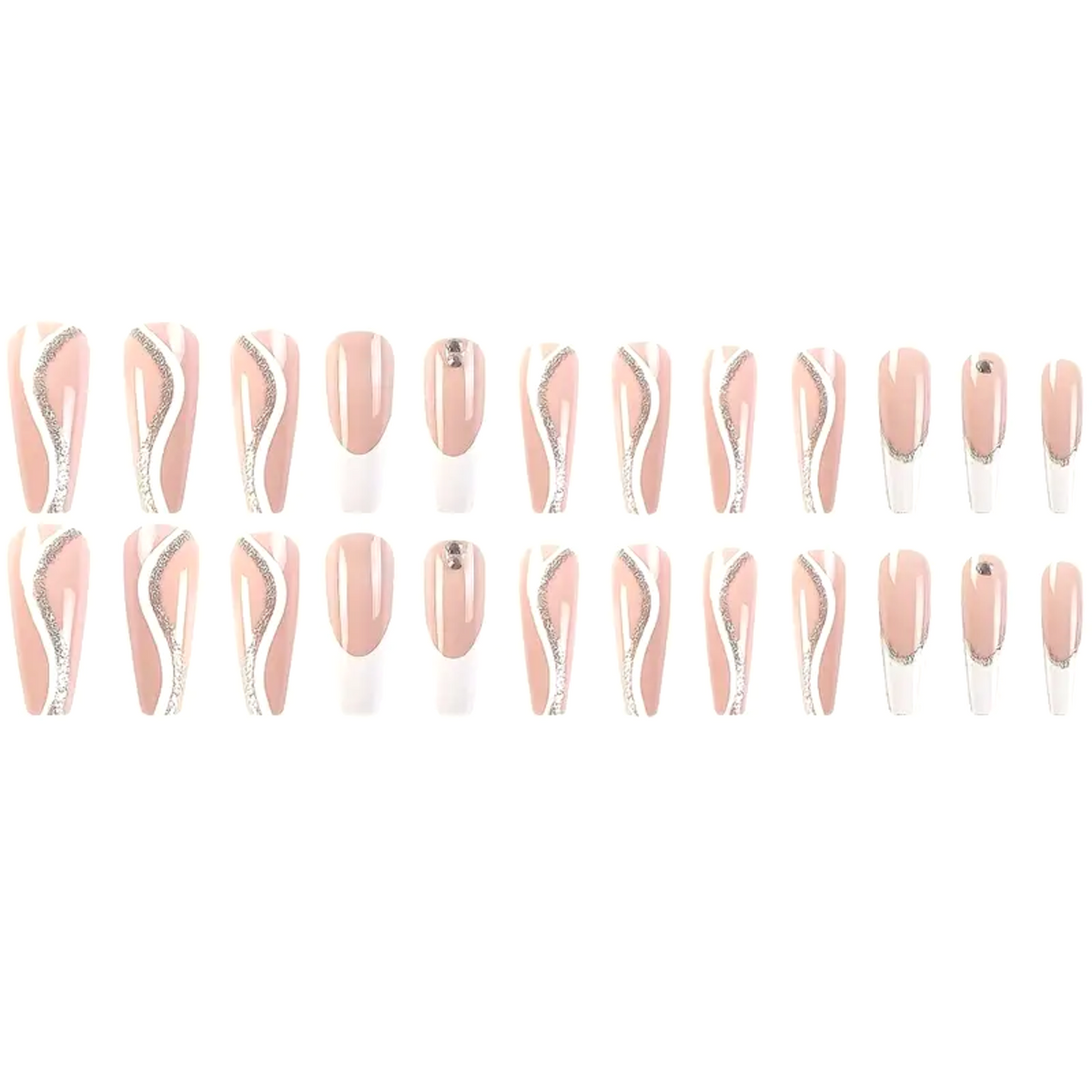 Snazzi Pink Shop Silver Wave extra long coffin press-on nails with nude base, white French tips, and silver glitter.