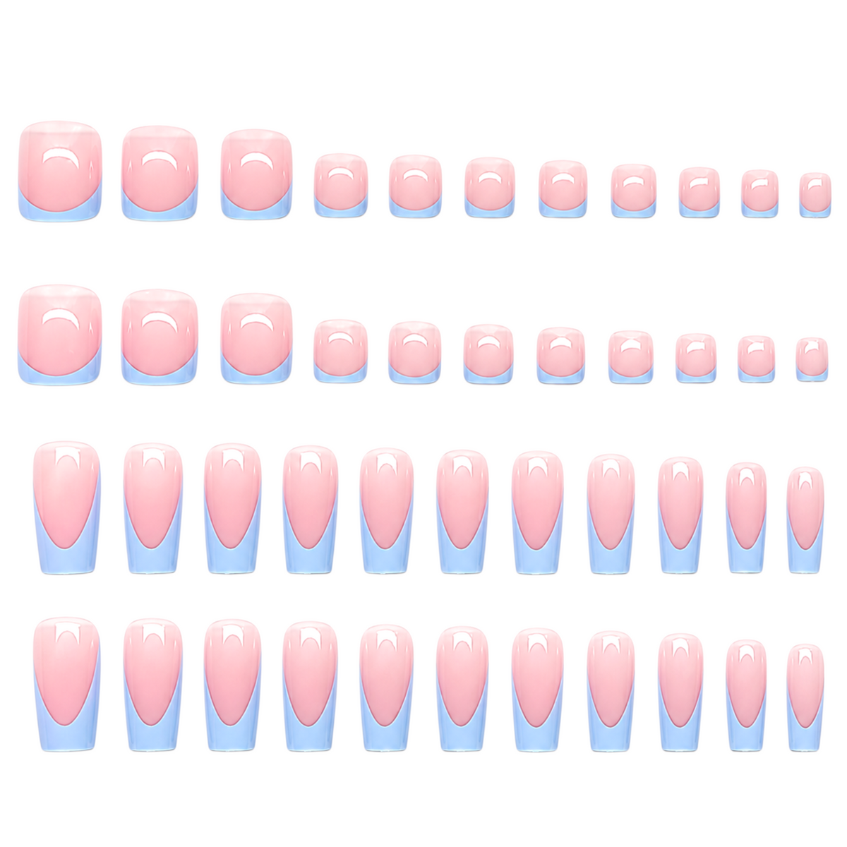 Snazzi Pink Shop Skyline French matching manicure and pedicure set with blue tips and sheer nude-pink square nails.