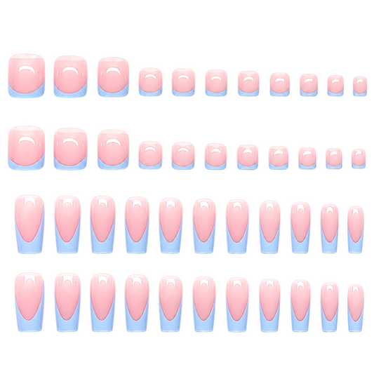 Snazzi Pink Shop Skyline French matching manicure and pedicure set with blue tips and sheer nude-pink square nails.