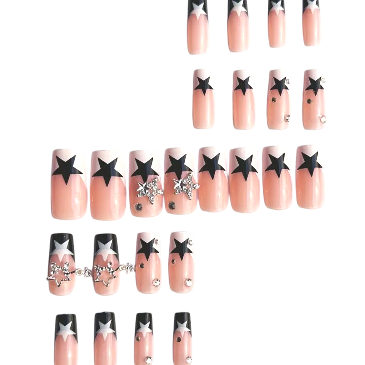 Snazzi Pink Shop long coffin press-on nails with nude base, navy star tips, rhinestones, and crystal star charms