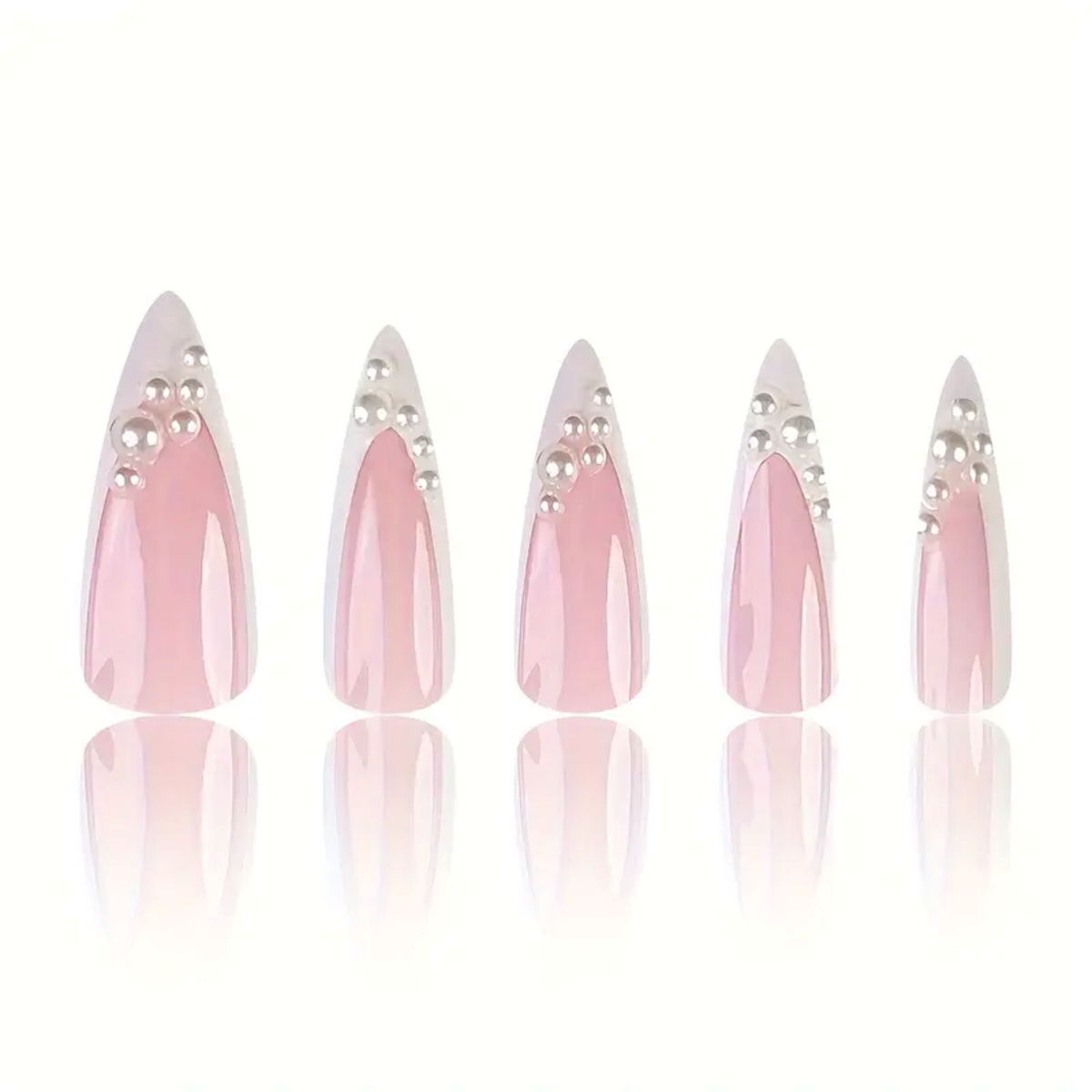 Snazzi Pink Shop Crystal Frost extra long stiletto press-on nails with blush pink French tips and pearl accents
