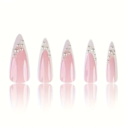 Snazzi Pink Shop Crystal Frost extra long stiletto press-on nails with blush pink French tips and pearl accents