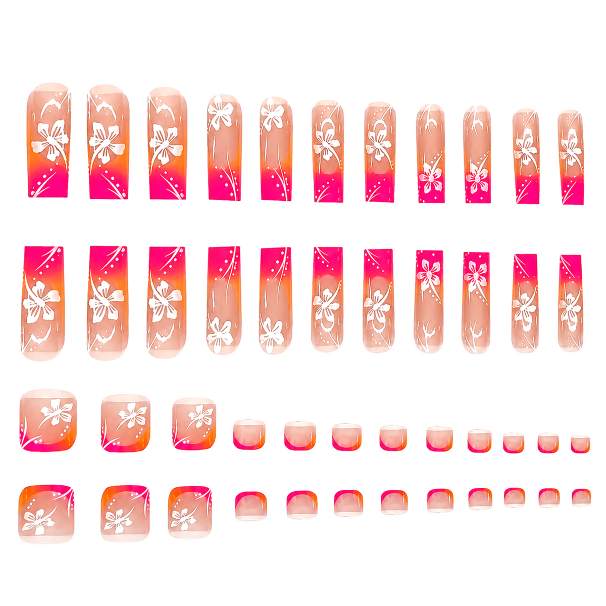 Snazzi Pink Shop Sunset Hibiscus matching nail and toe set with floral art and pink, coral, and yellow ombre tips.