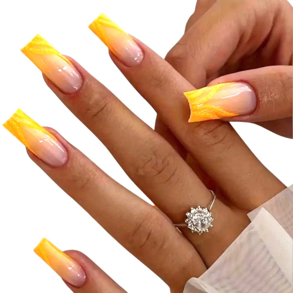 Snazzi Pink Shop Tangerine Dream long coffin press-on nails with bright yellow French tips and shimmering swirls.