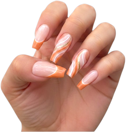 Snazzi Pink Shop extra long coffin press-on nails with toffee French tips, ivory swirls, and metallic gold accents.