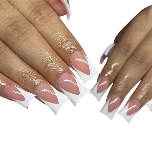 Snazzi Pink Shop long duckbill press-on nails with a modern white V-shaped French tip design and glossy finish.